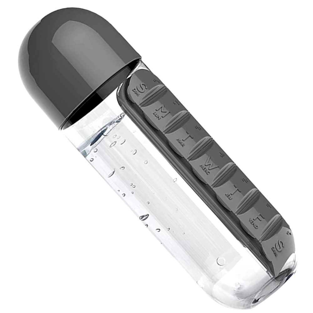 Bouteille d'eau en plastique avec pilulier -Noir/ - Ozerty