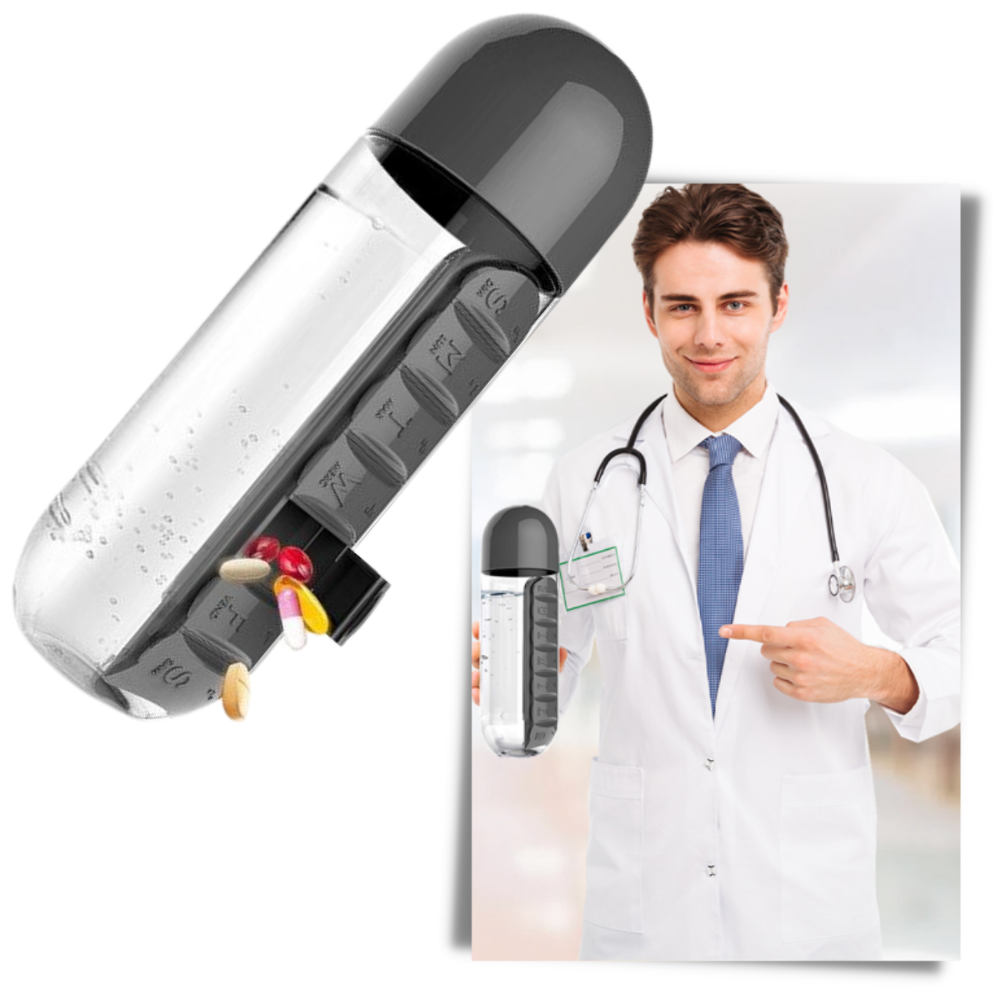 Bouteille d'eau en plastique avec pilulier - Ozerty