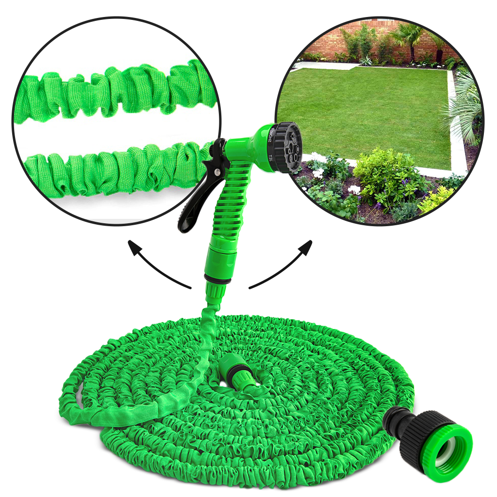 Expandable garden hose with sprayer