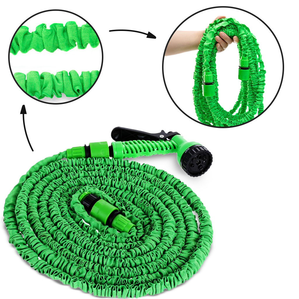 Expandable garden hose with sprayer