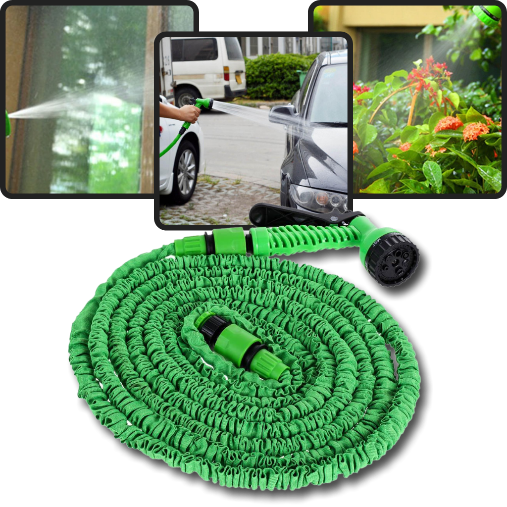 Expandable garden hose with sprayer