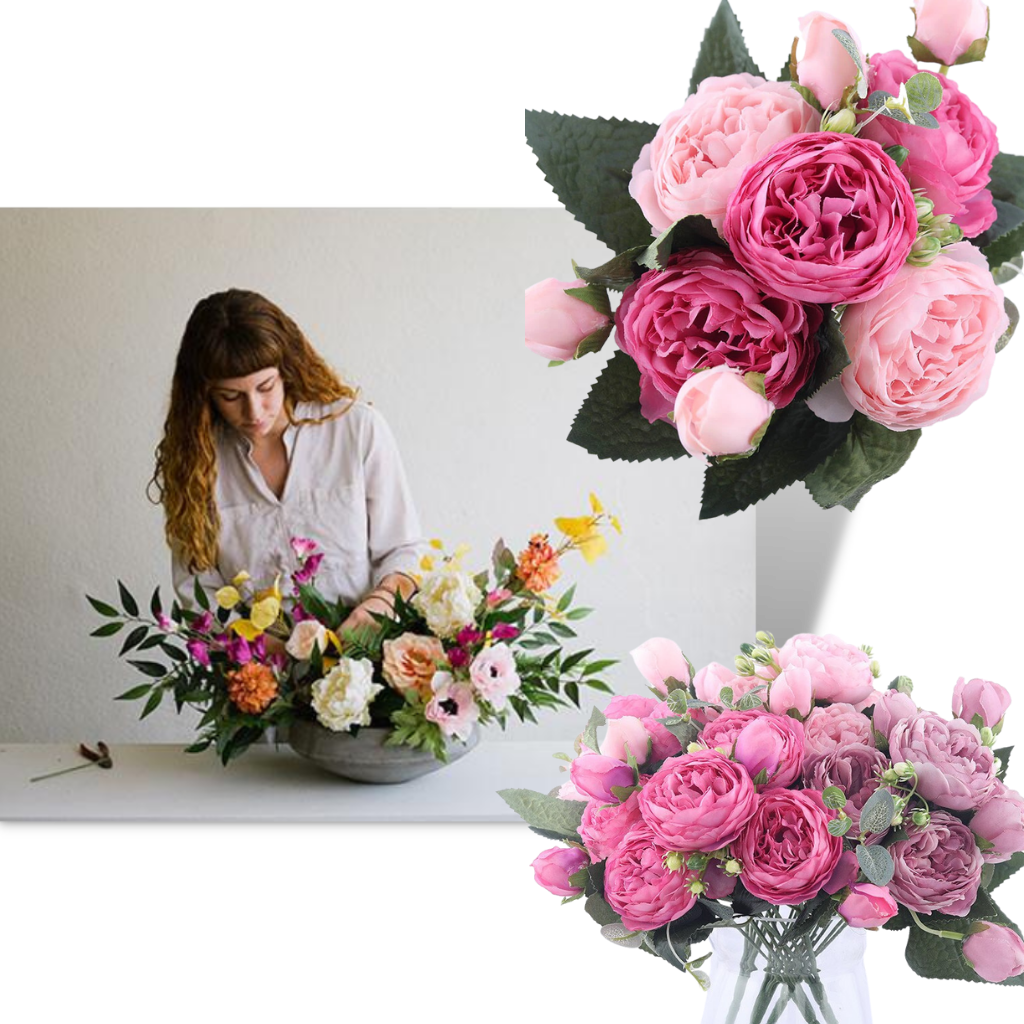 Bouquet de fleurs artificielles, pivoines et roses en soie - Ozerty