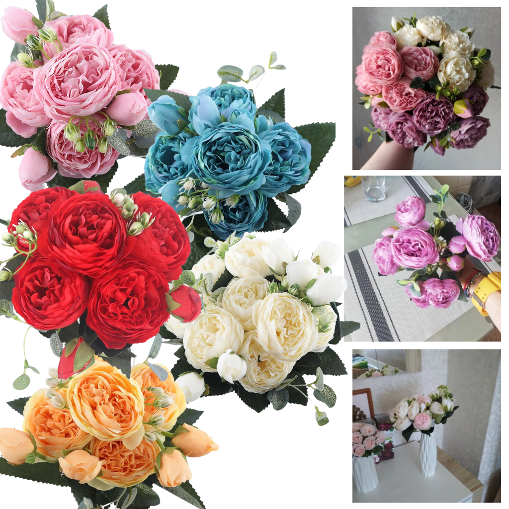 Bouquet de fleurs artificielles, pivoines et roses en soie