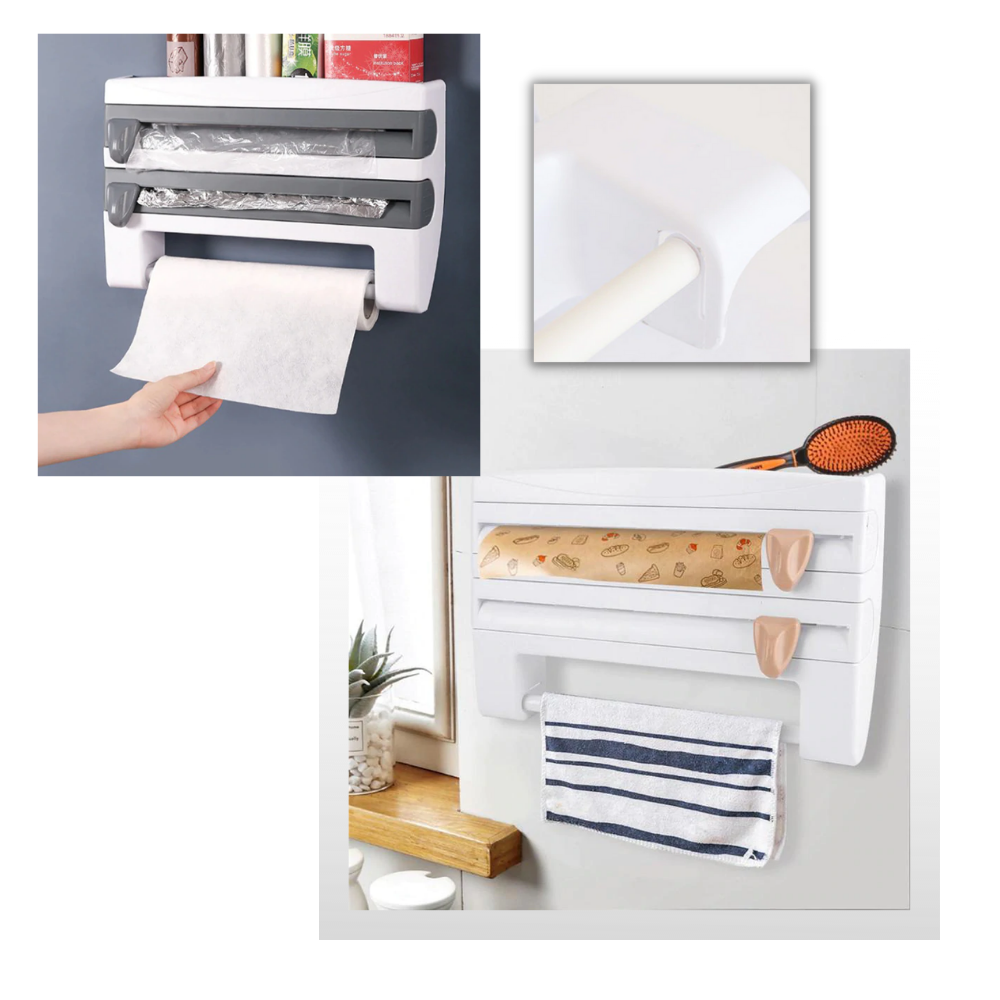 Support de rangement mural 4-en-1 pour film étirable et papier essuie-tout - Ozerty