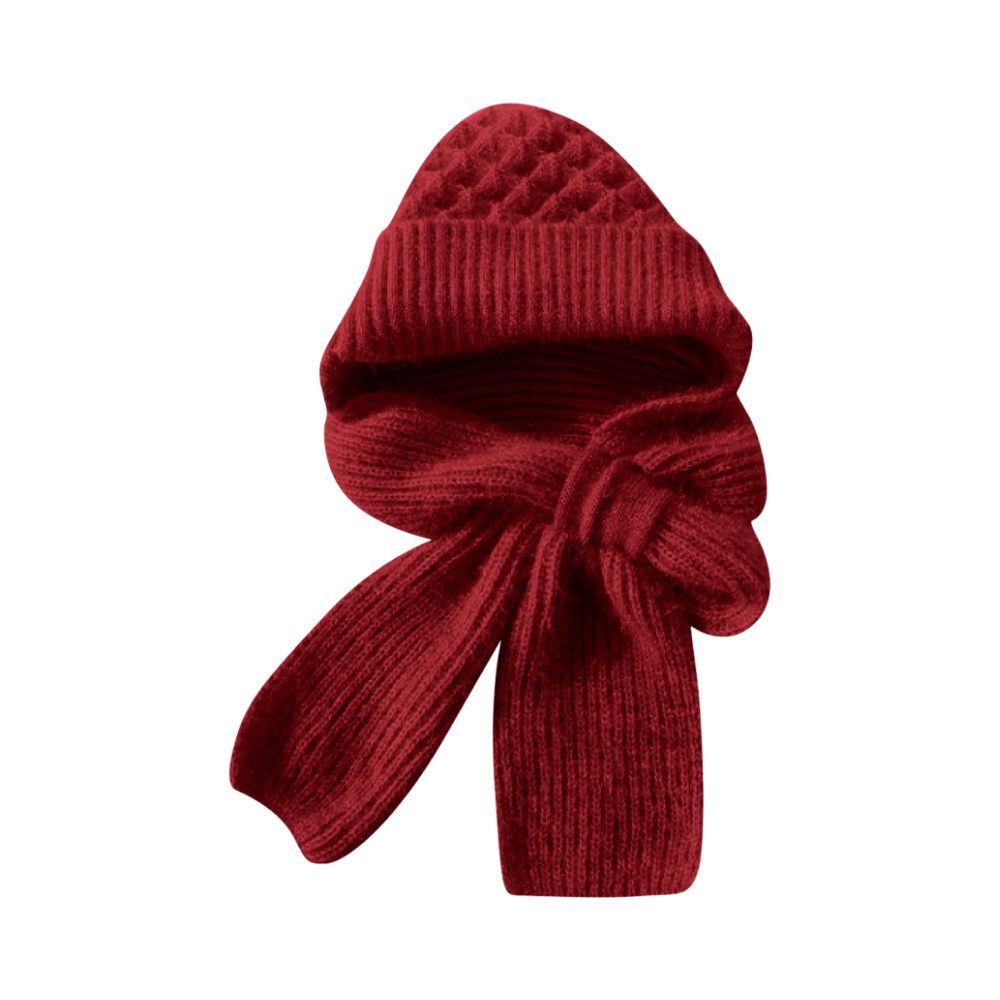 Bonnet à capuche en tricot coupe-vent avec écharpe et protège-oreilles -Vin rouge - Ozerty