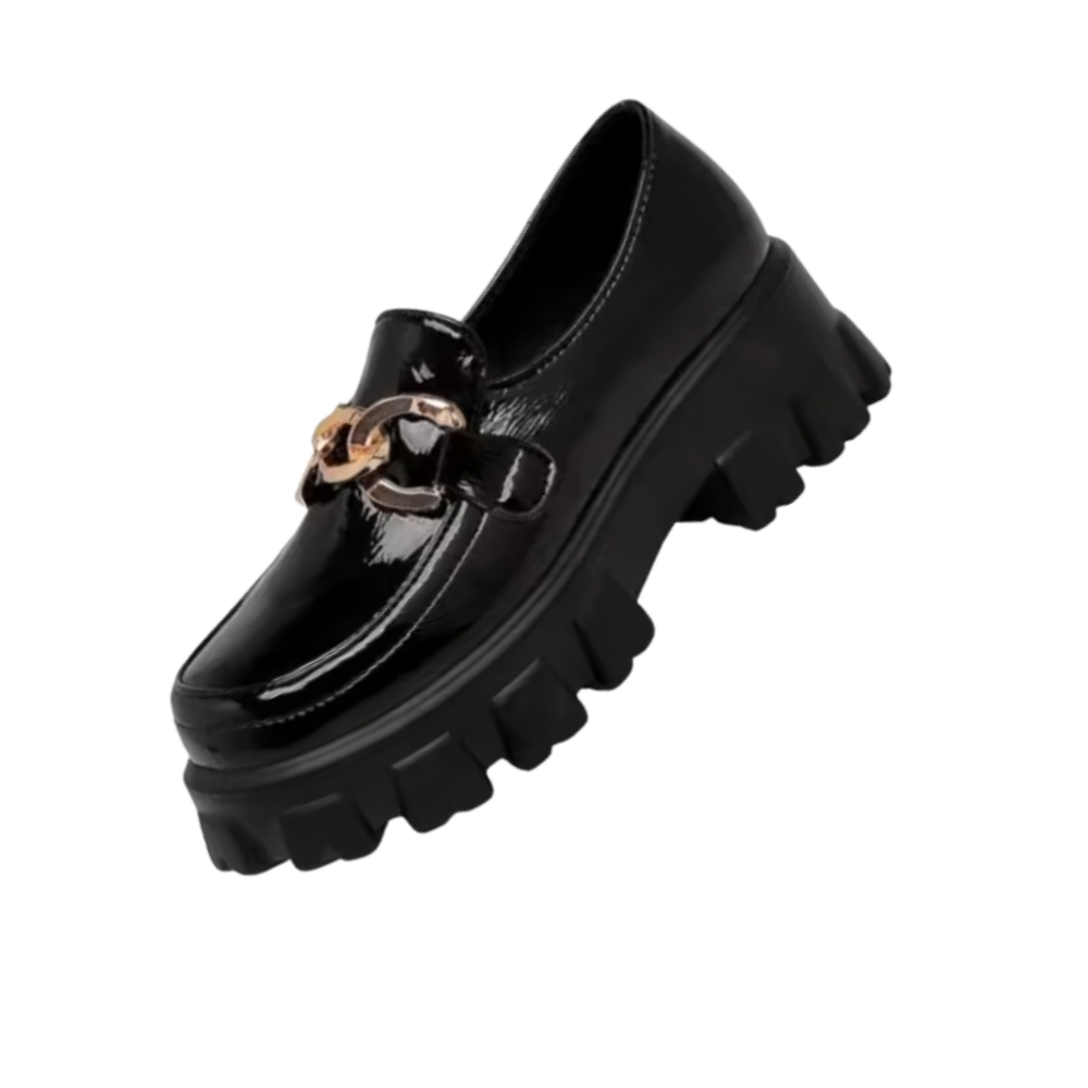 Mocassins en cuir élégants à semelles épaisses -Noir brillant - Ozerty