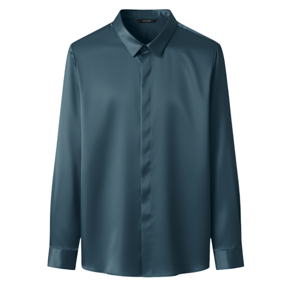 Chemise pour homme en soie mélangée infroissable -Bleu sarcelle - Ozerty