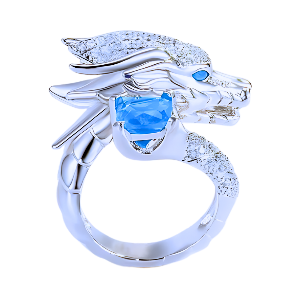 Bague artisanale unique en argent en forme de dragon  -Bleu - Ozerty