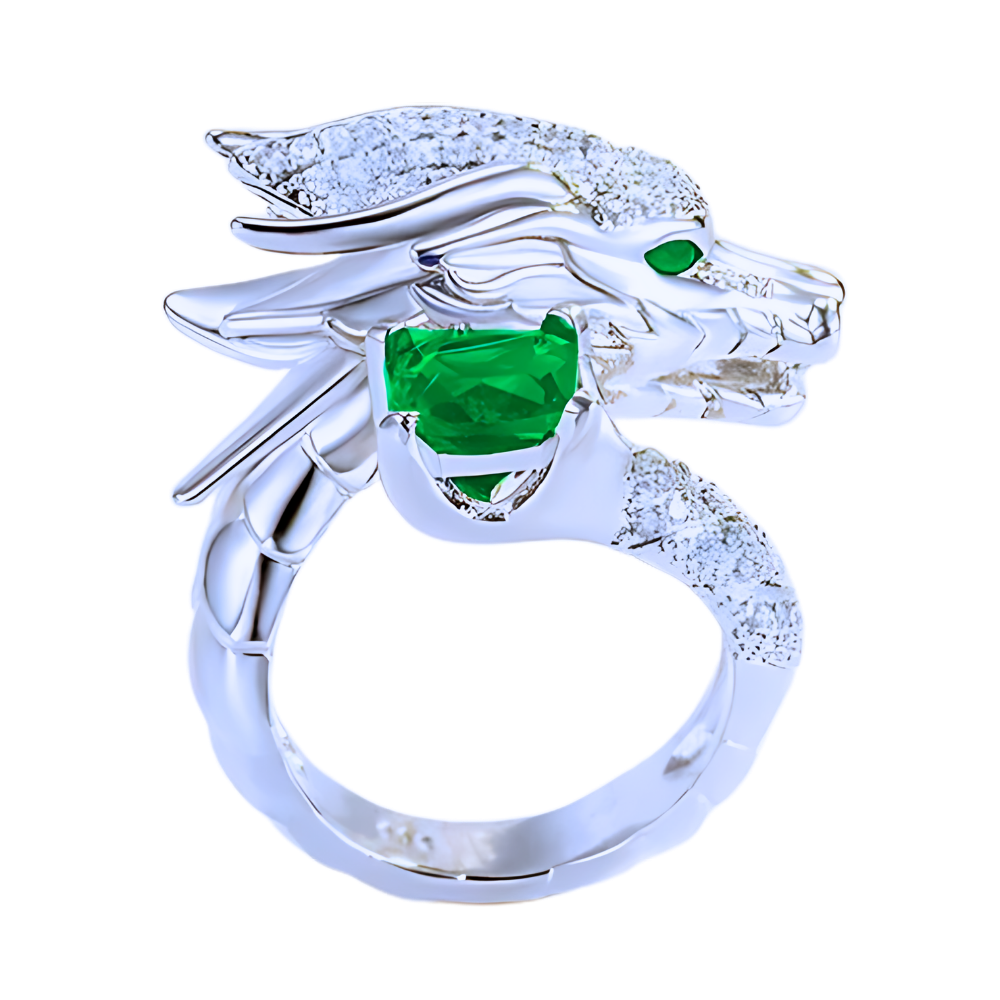 Bague artisanale unique en argent en forme de dragon  -Vert - Ozerty