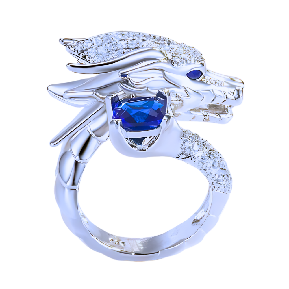 Bague artisanale unique en argent en forme de dragon  -Bleu marine - Ozerty