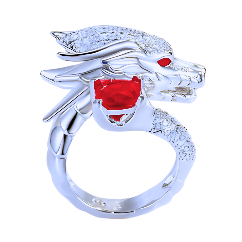 Bague artisanale unique en argent en forme de dragon  -Rouge - Ozerty