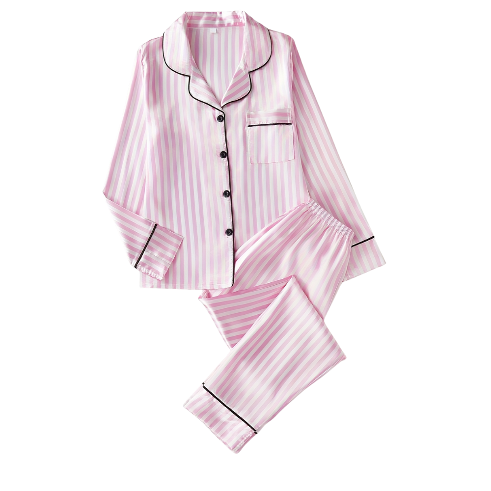 Pyjama satiné rose pour femme -Rose poudré long - Ozerty