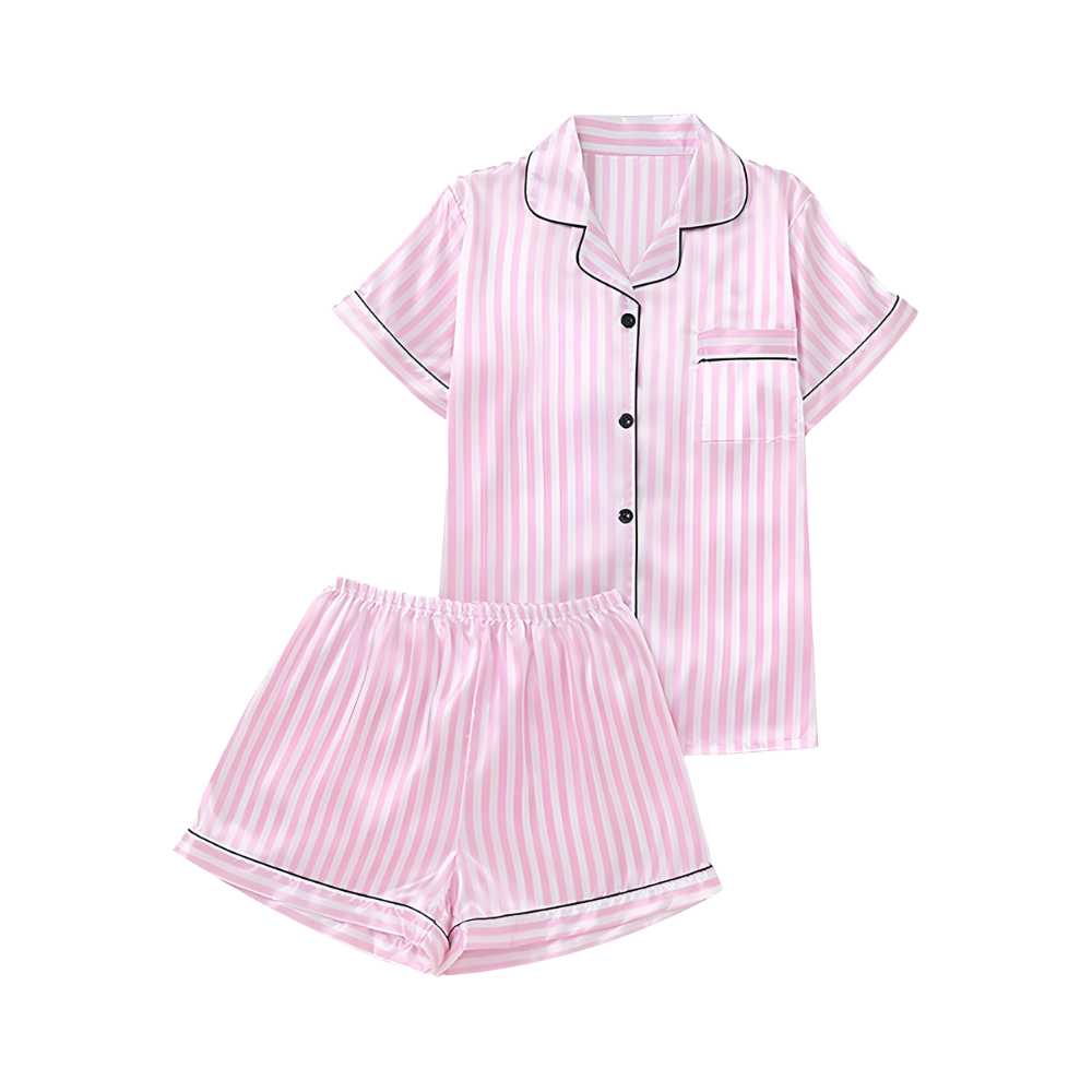 Pyjama satiné rose pour femme -Rose poudré court - Ozerty