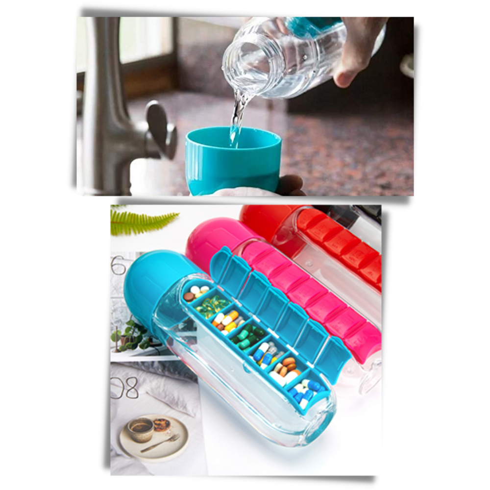 Bouteille d'eau en plastique avec pilulier - Ozerty