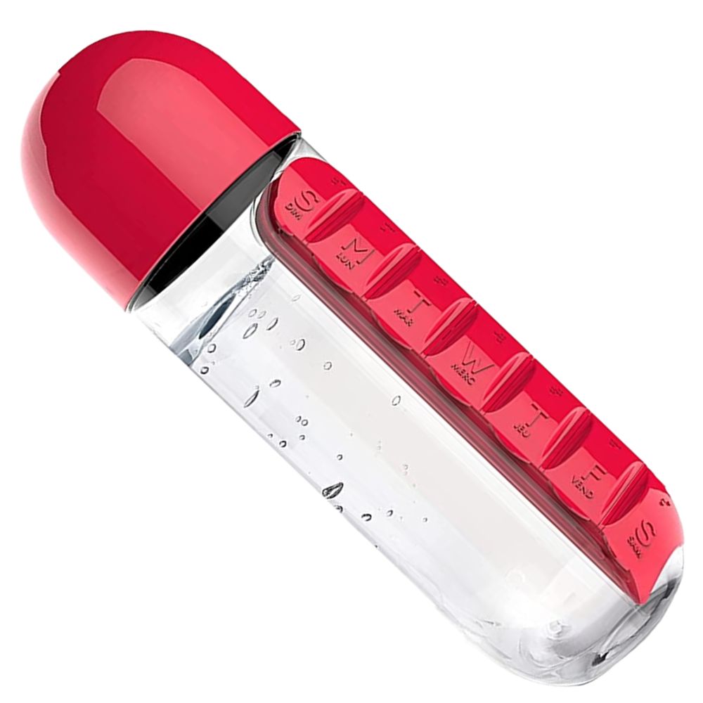 Bouteille d'eau en plastique avec pilulier -Rouge/   - Ozerty