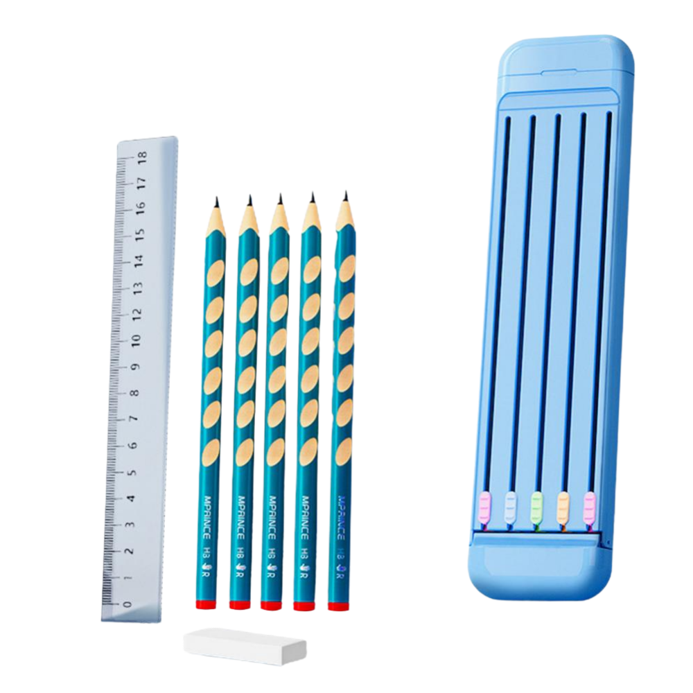 Trousse à crayons rigide avec crayons et règle -Bleu/   - Ozerty