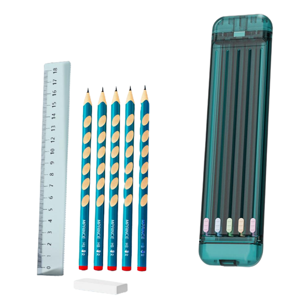 Trousse à crayons rigide avec crayons et règle -Vert/   - Ozerty