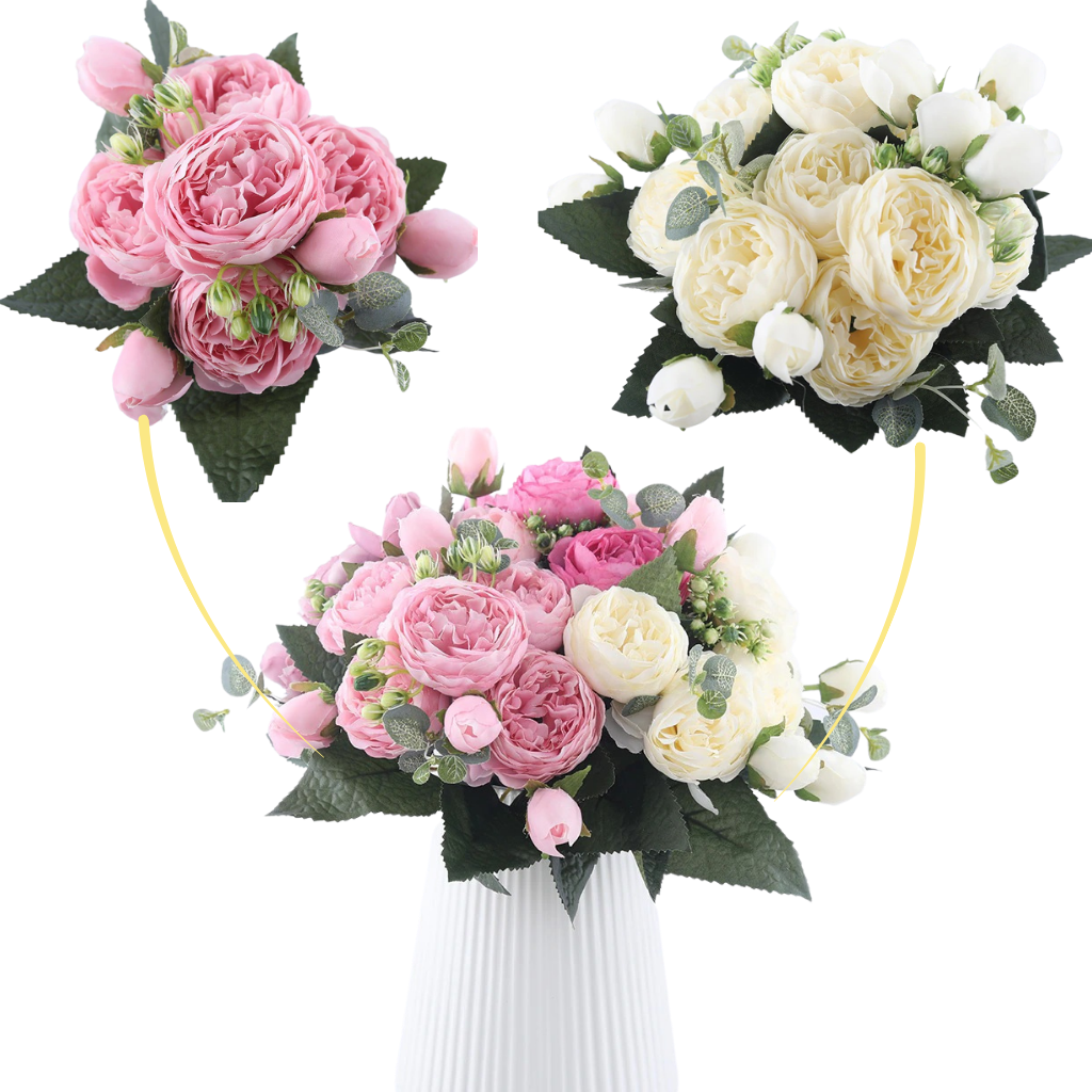 Bouquet de fleurs artificielles, pivoines et roses en soie - Ozerty